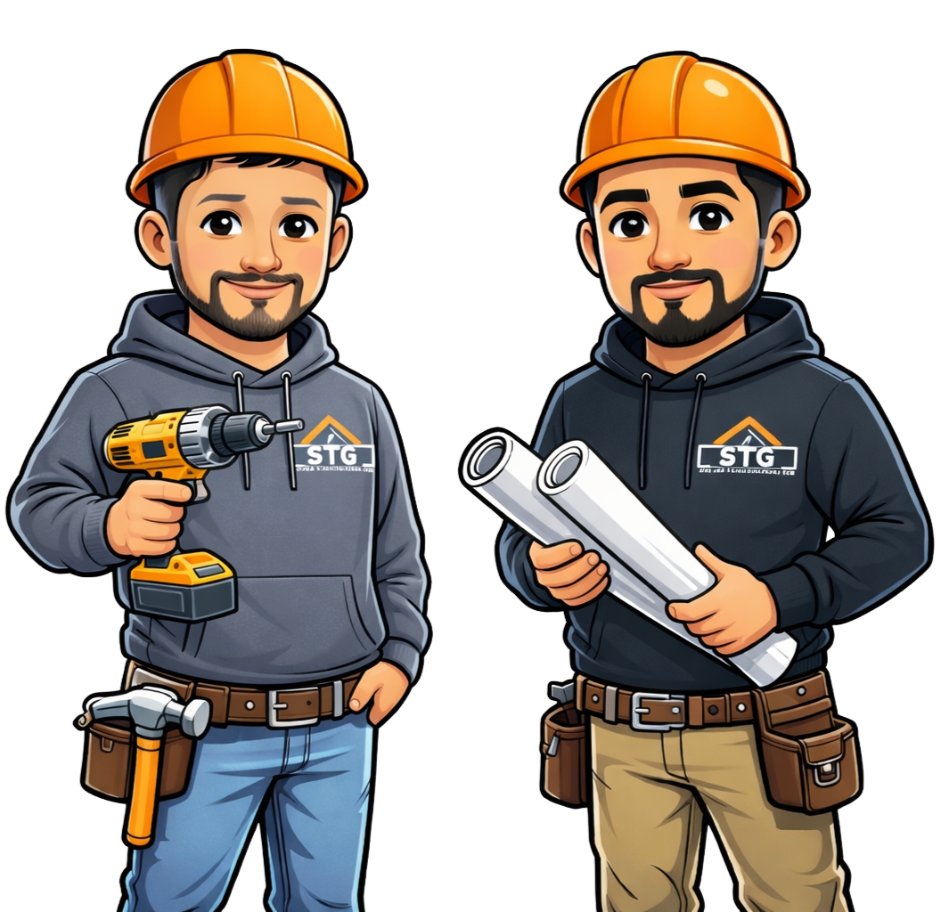 Two cartoon construction workers wearing orange hard hats and gray hoodies with a company logo, one holding a cordless drill and the other holding rolled blueprints.