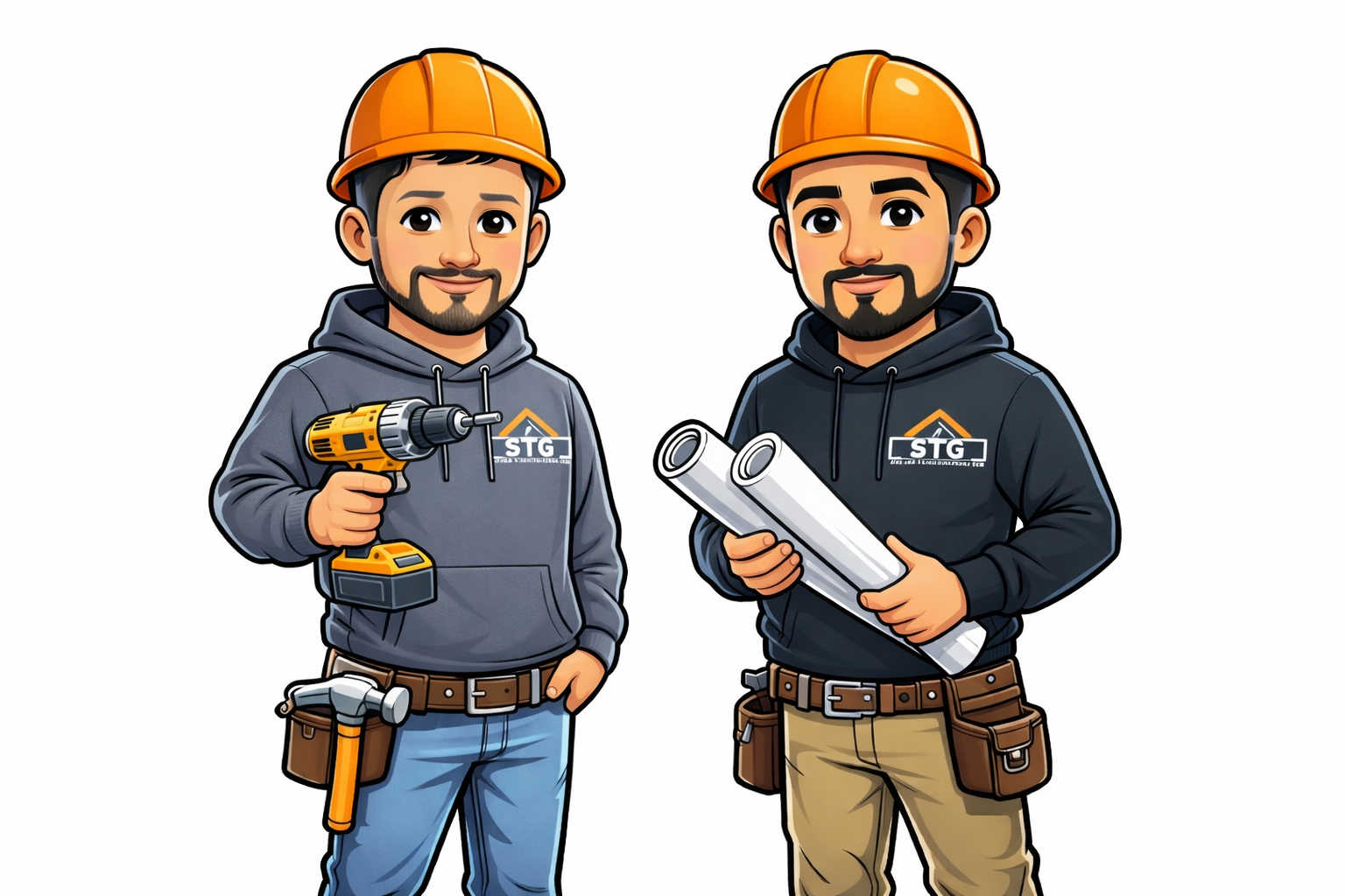 Two male construction workers wearing orange safety helmets and gray hoodies with the 'STG' logo. One is holding a cordless drill, and the other is holding rolled-up blueprints.