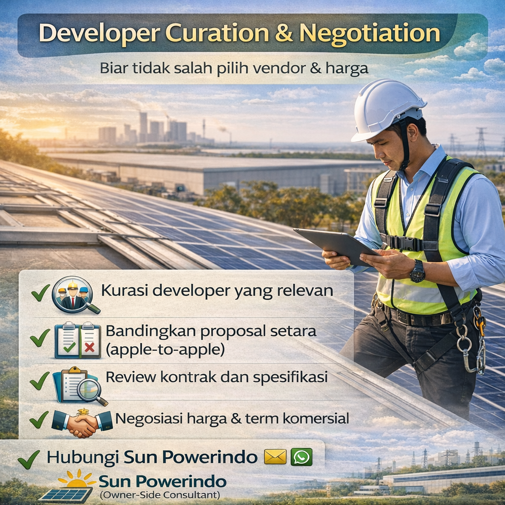 Advertisement for developer curation and negotiation services, featuring a man in a safety vest and helmet on a solar panel rooftop, with a city skyline in the background. The ad lists services like relevant developer sourcing, proposal comparison, contract review, and price negotiation. Contact info for Sun Powerindo, an owner-side consultant, includes email and WhatsApp icons.