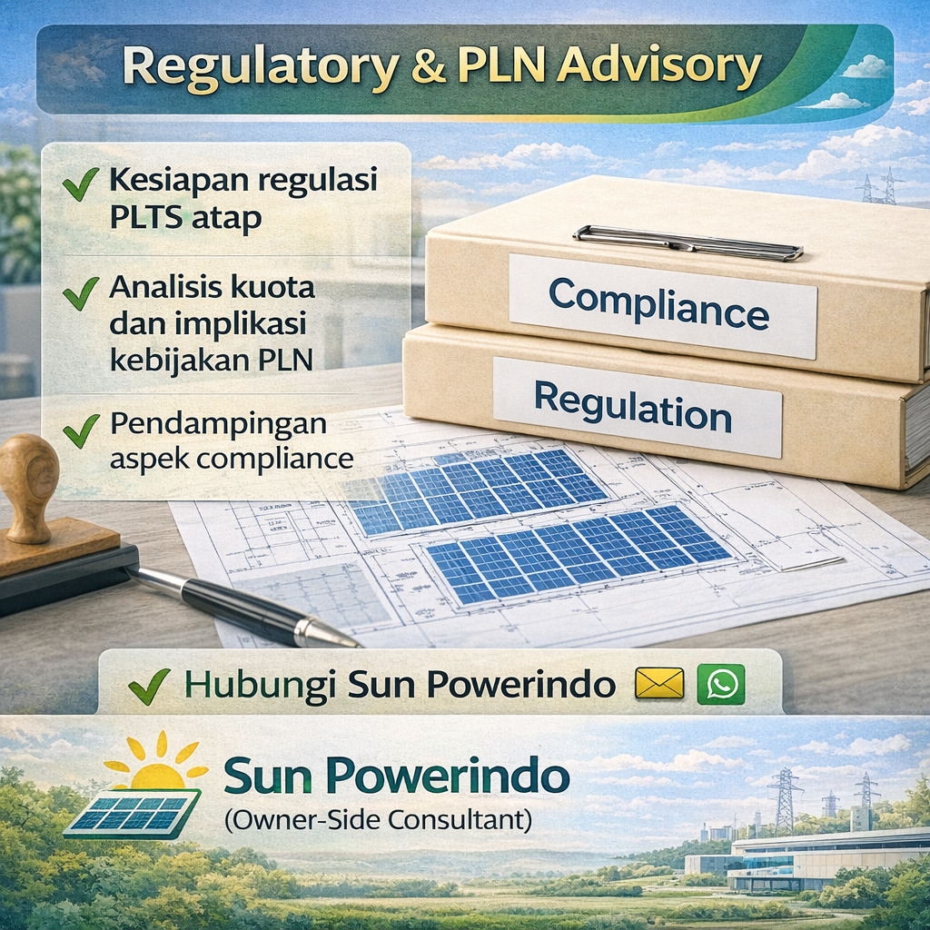 A promotional flyer for Sun Powerindo, an owner-side solar panel consulting company, featuring solar panels and blueprints, with regulatory and compliance folders, and contact icons for email and WhatsApp.