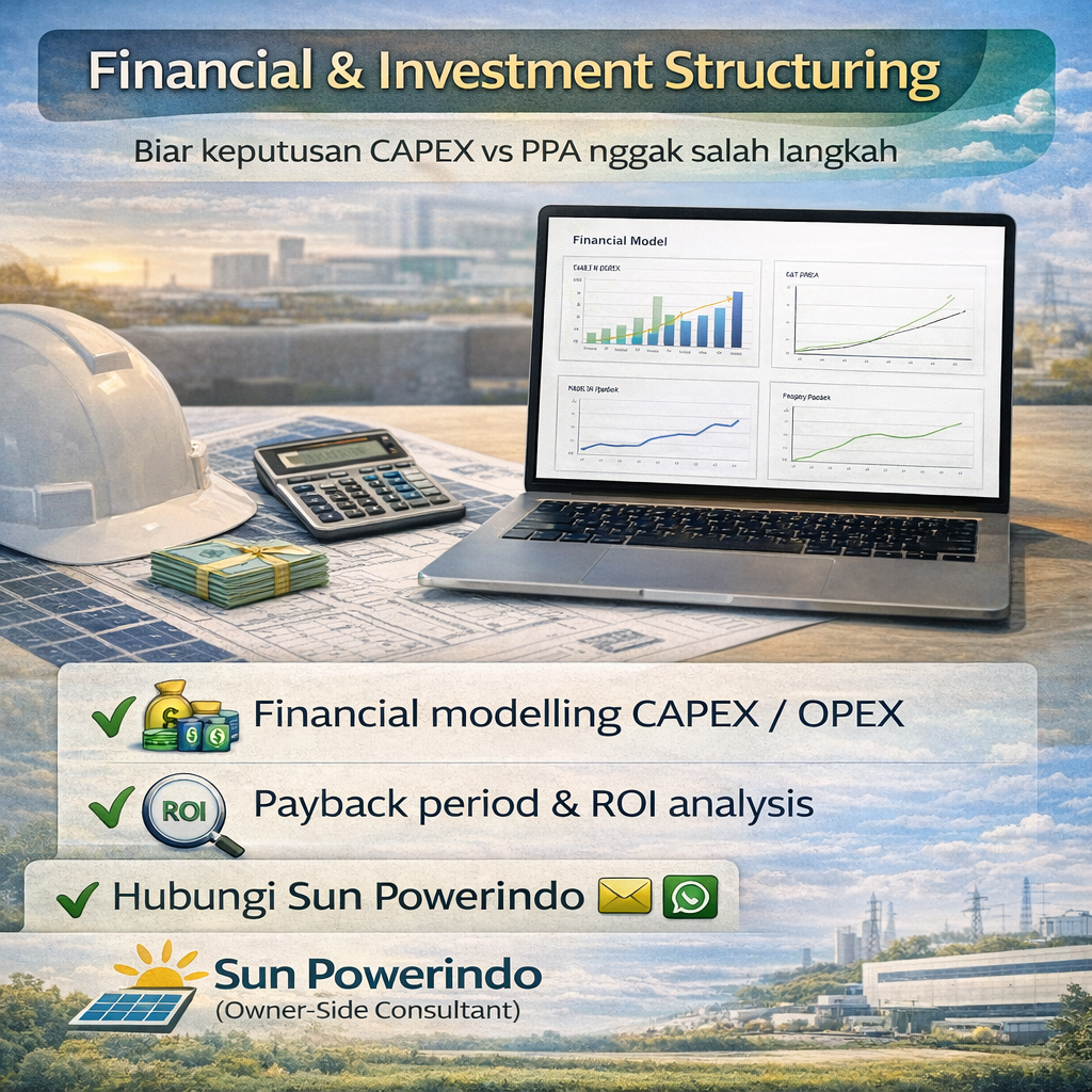 A promotional graphic for Sun Powerindo, an owner-side consulting company, featuring a construction helmet, a calculator, and a stack of money on blueprints, with a laptop displaying financial charts. The background shows a cityscape and blue sky with clouds.