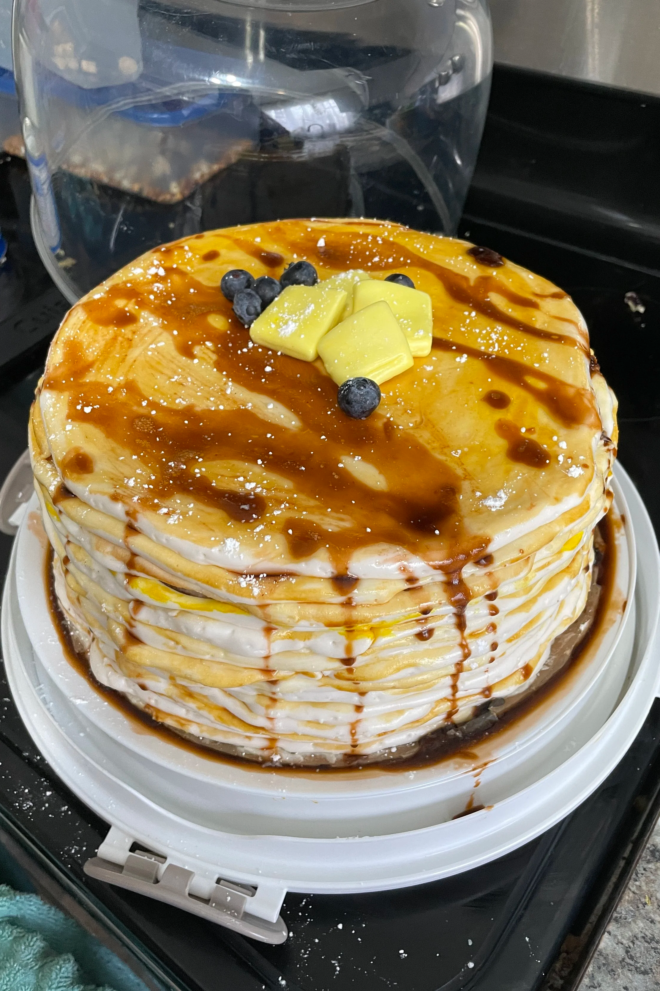 The Pancake Cake ("PanCake") with marshmallow fondant butter and gelatin "maple syrup" - Merry Berry Confection Co, a micro-bakery specializing in holiday bakes and dessert bars for weddings and events near Raleigh, NC