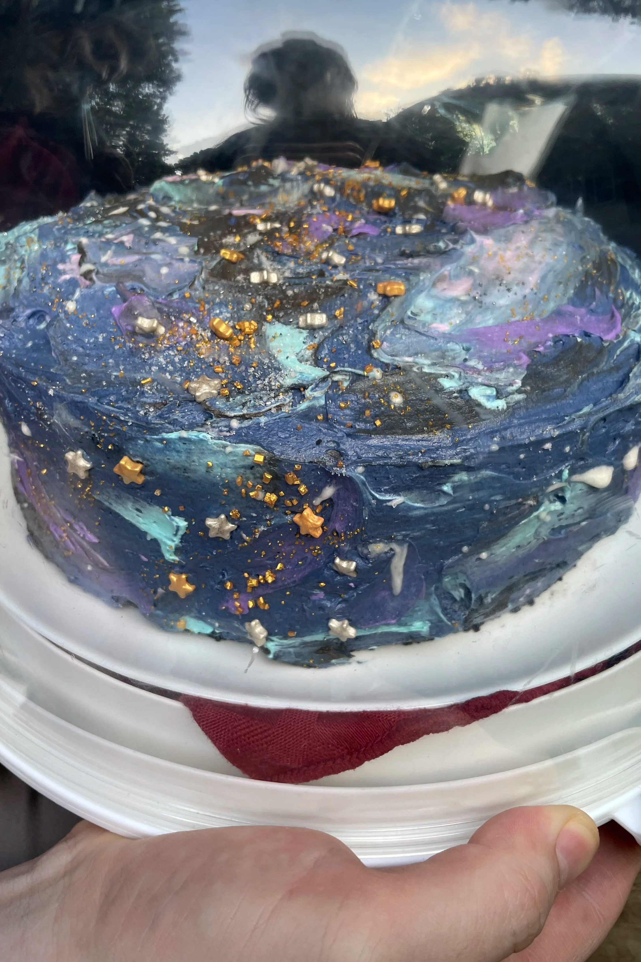A close-up of the Galactic Cake shows its swirling marbled buttercream and the "milky way" decorations - Merry Berry Confection Co, a micro-bakery specializing in holiday bakes and dessert bars for weddings and events near Raleigh, NC
