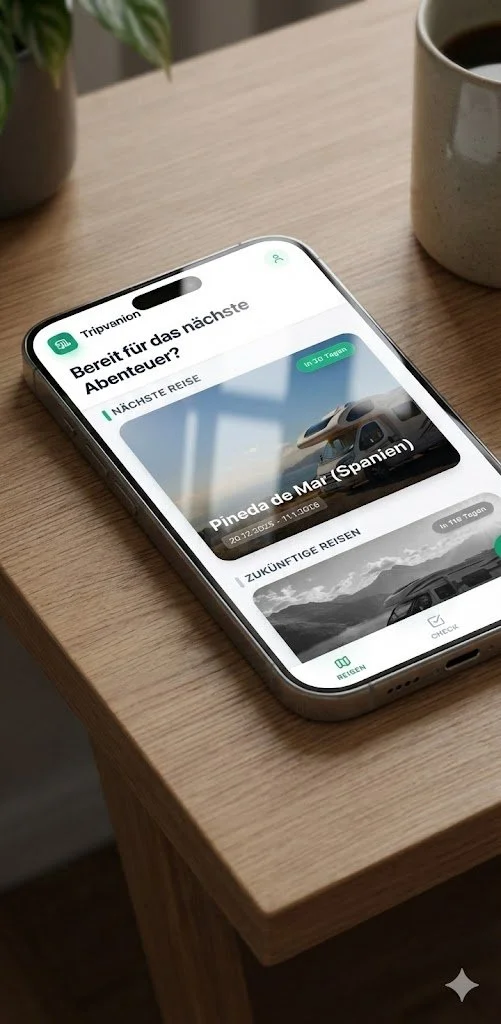 Smartphone mit Reise-App auf einem Holztisch, daneben eine Kaffeemaschine und eine Tasse Kaffee.
