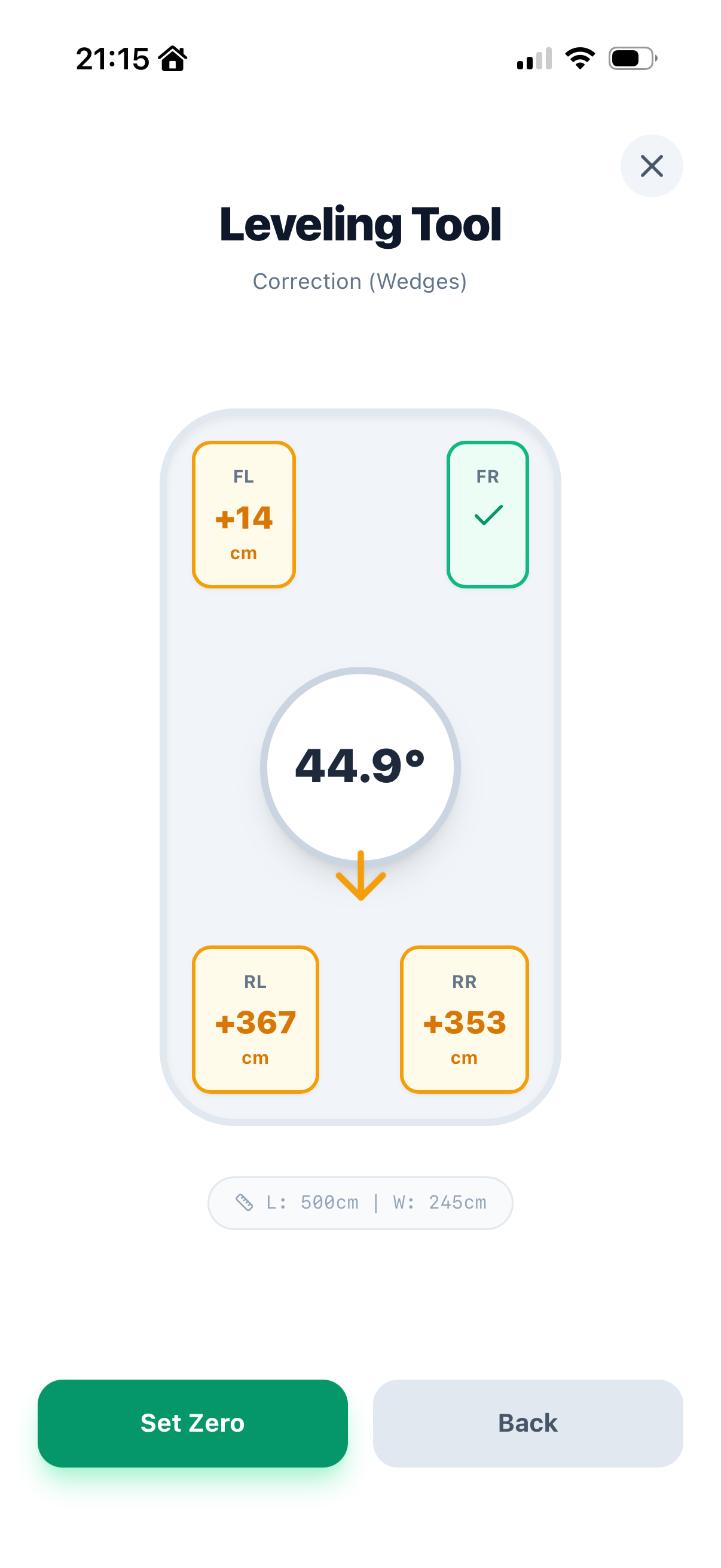 Bild eines Handheld-Lasermessgeräts zur Messung und Einstellung der Ausrichtung eines Objekts, zeigt Winkelmessung von 44,9 Grad und Höhenkorrekturen für linkes und rechtes Bein, mit Optionen zum Zurücksetzen oder Zurückkehren.