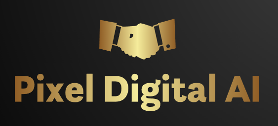 Golden hands shaking above the text 'Pixel Digital AI' in gold and brown on a black background.