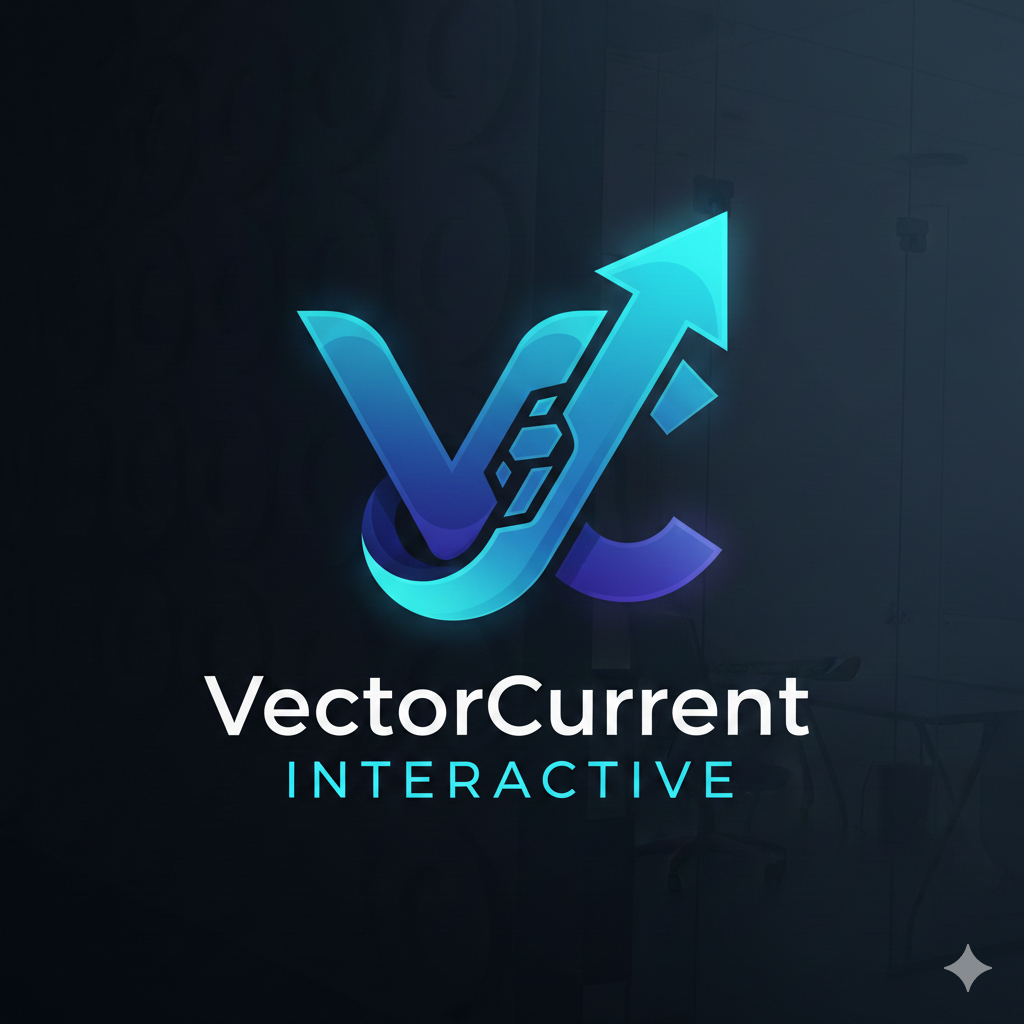 Logo for VectorCurrent Interactive featuring a stylized blue arrow and V and C symbols on a dark background.