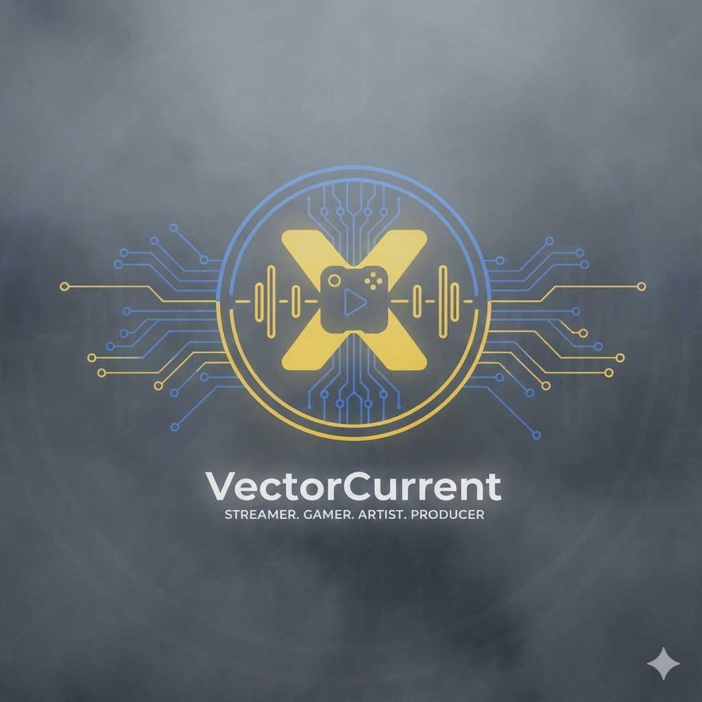 Digital logo with circuit lines, a game controller, and a play button, with the text 'VectorCurrent' and the description 'Streamer. Gamer. Artist. Producer.' underneath.