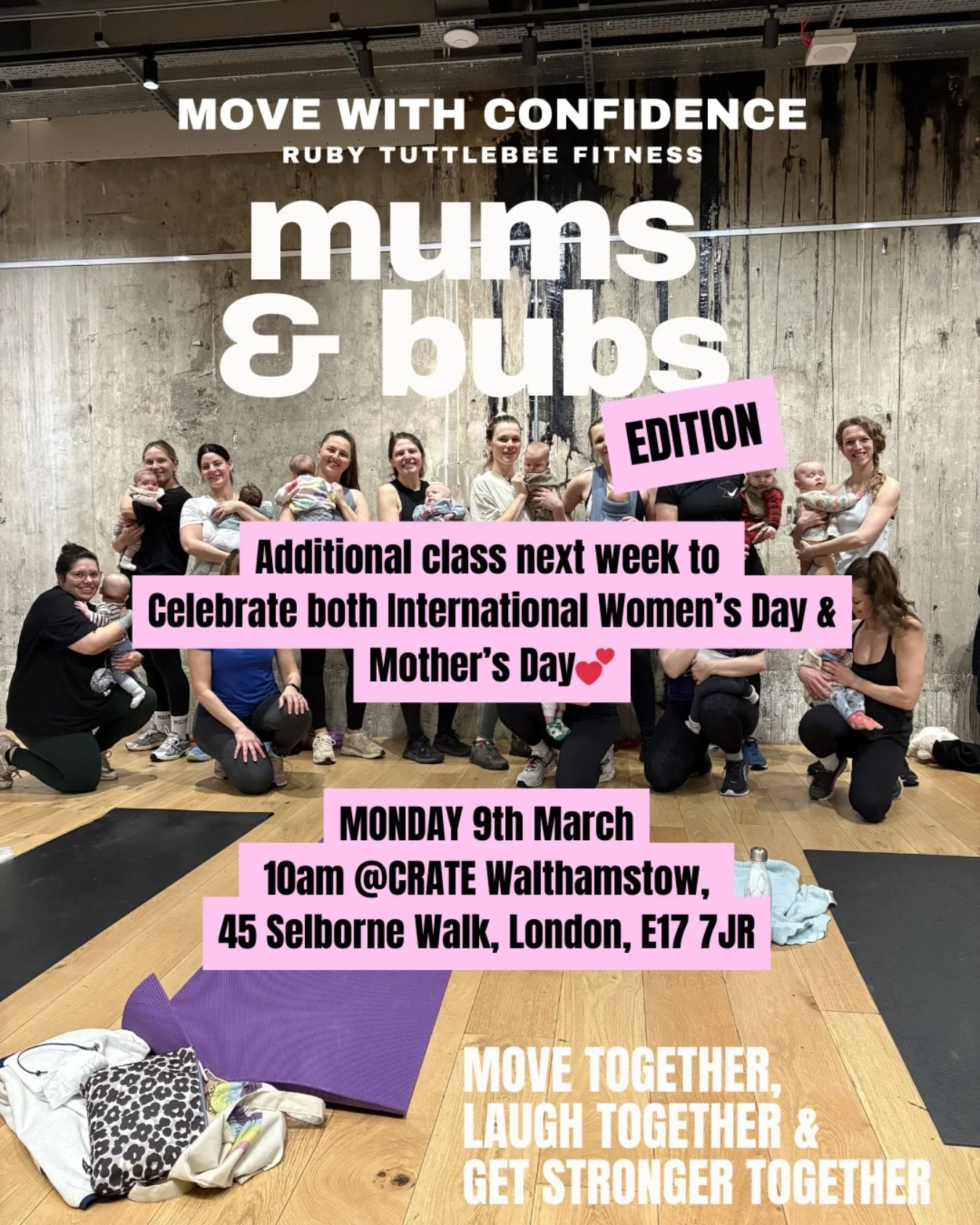 EXTRA CLASS ADDED NEXT Week to celebrate our strength as Women and Mothers 💕

When: MONDAY 9th March 
What time: 10.30am 
Where: @cratewalthamstow 
What can I expect: Bodyweight strength class- ALL levels welcome 
What do I need: Exercise mat, water