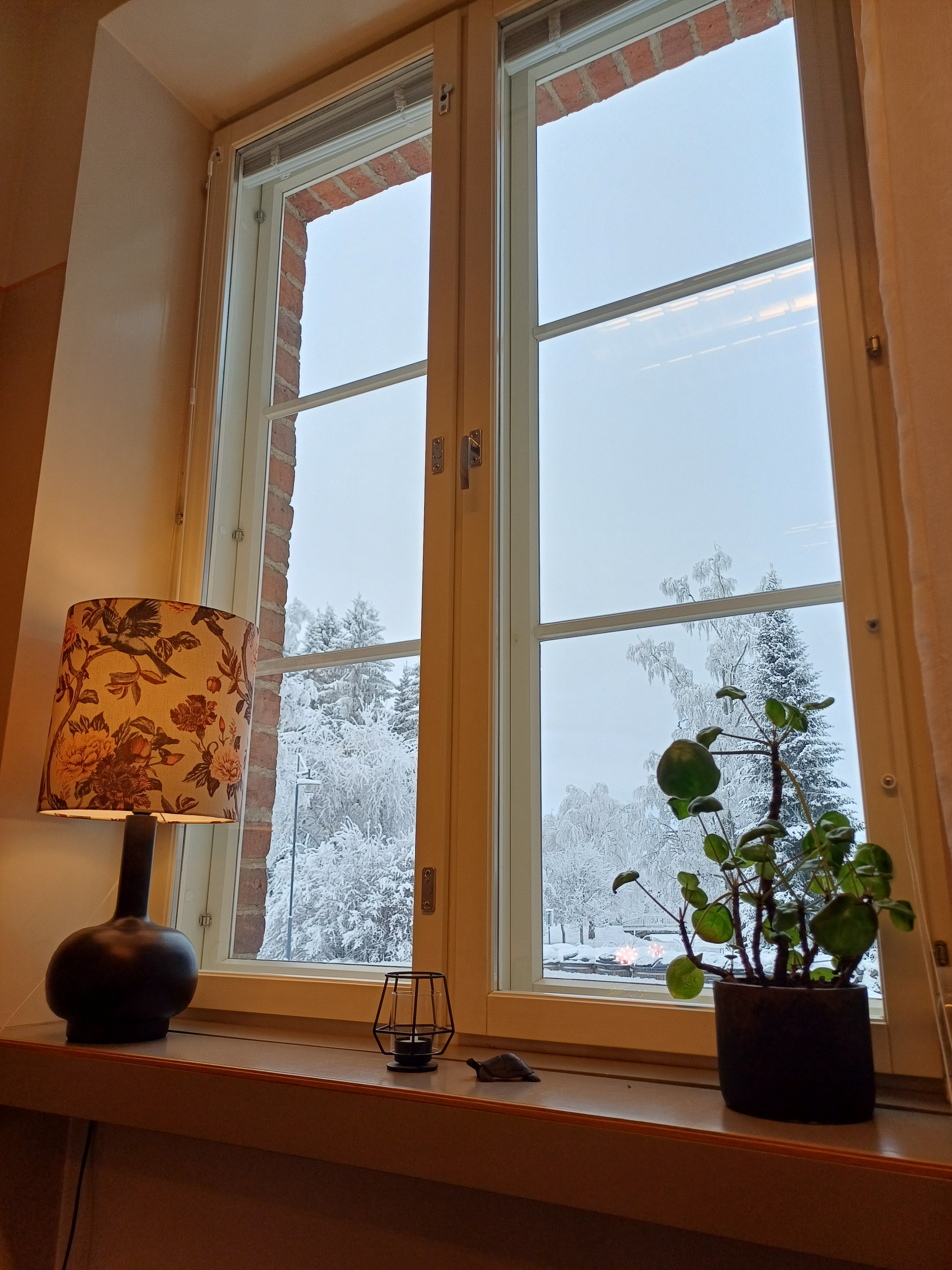View of a snow-covered winter landscape outside the window, with trees and parked cars in the distance. Inside, a windowsill holds a black table lamp with a floral lampshade, a small decorative lantern, a black object, and a potted plant with round green leaves.