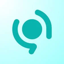 Abstract teal logo with circular and curved lines on a light blue background.