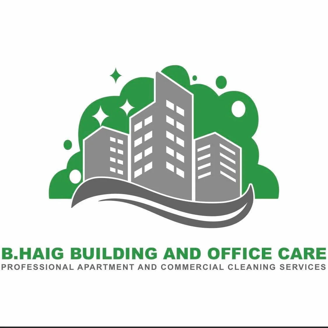 Logo of a building cleaning company featuring a stylized gray building with white windows, green background with bubbles and sparkles, and green text 'B. Haig Building and Office Care' with a subtitle about professional apartment and commercial cleaning services.