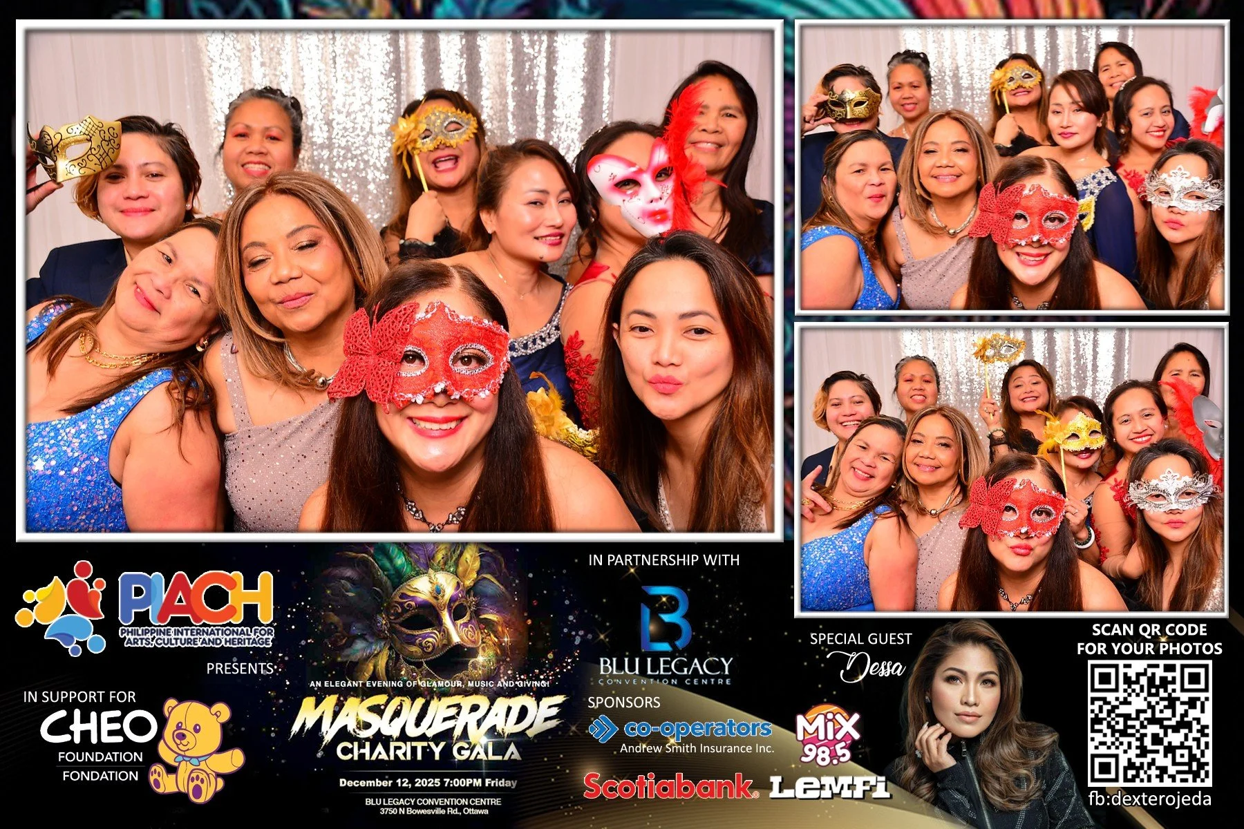 Group of women at a masquerade charity gala, some wearing masks, smiling for the camera, with a festive backdrop.