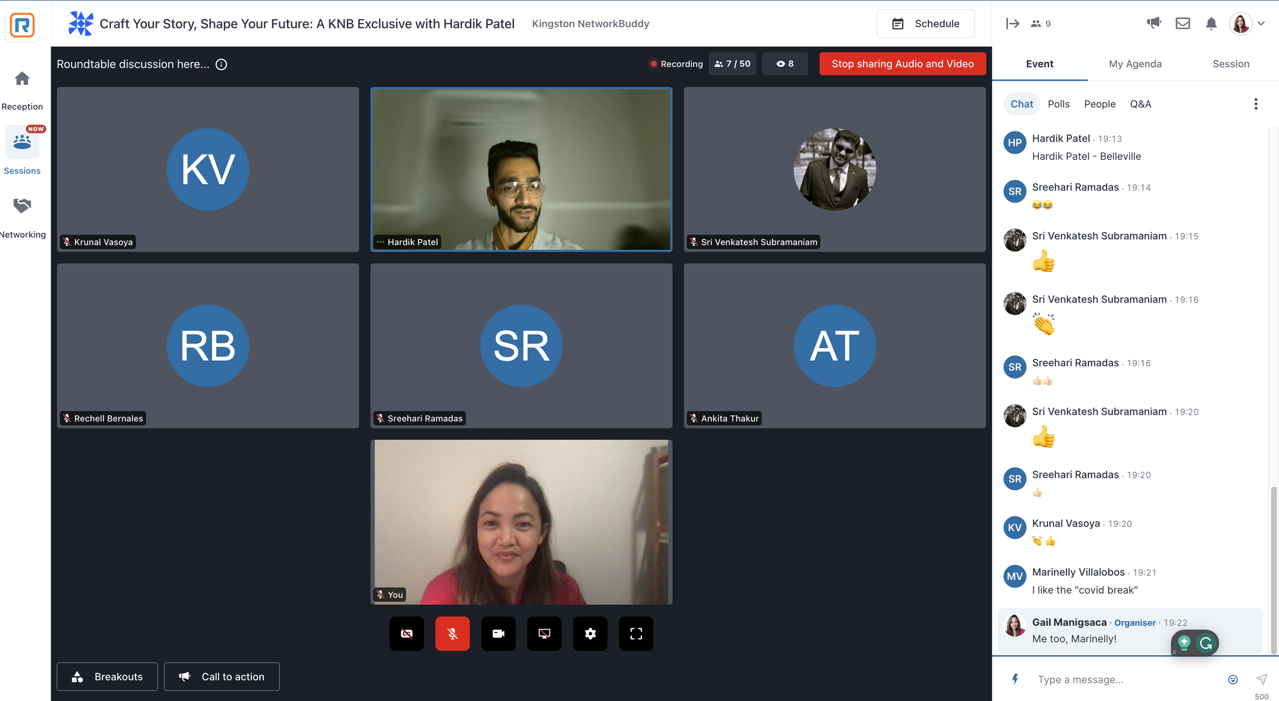 Screenshot of a virtual meeting with six participants, four of whom have their cameras on. One participant is a woman, and another is a man, both visible on video; the others are represented by blue initials or black-and-white profile pictures. The chat sidebar shows messages and reactions from participants.