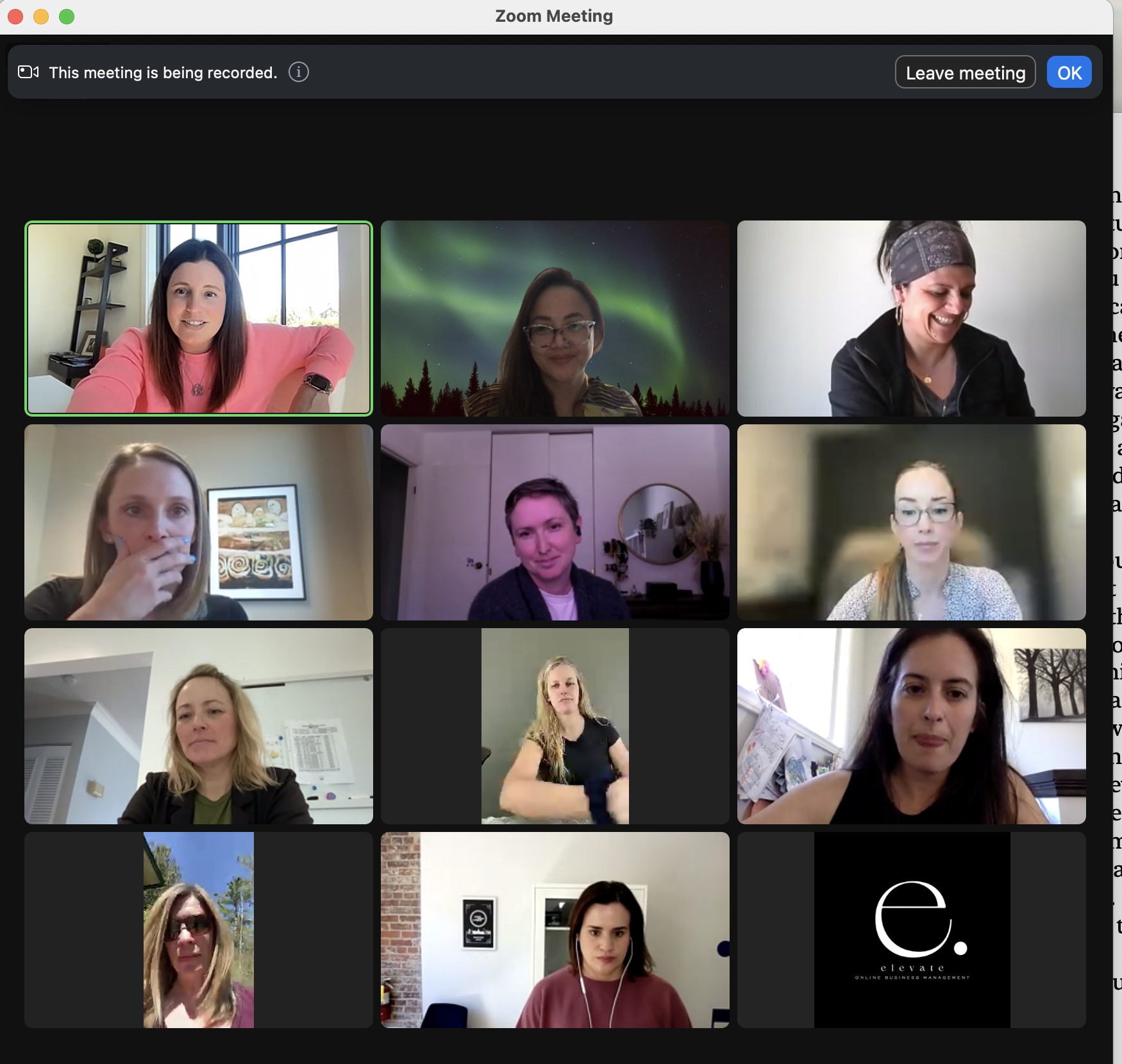 A screenshot of a virtual Zoom meeting with twelve women participants, each in their own video window, some with professional backgrounds and some in casual settings, and a black background with a recording indicator at the top.