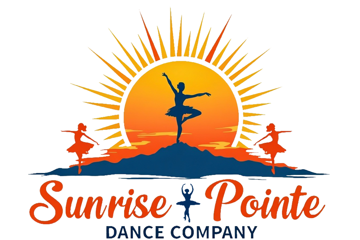 Logo of Sunrise Pointe Dance Company featuring a dancer practicing ballet on a mountain with a rising sun in the background and text beneath with the Company's name: Sunrise Pointe Dance Company.