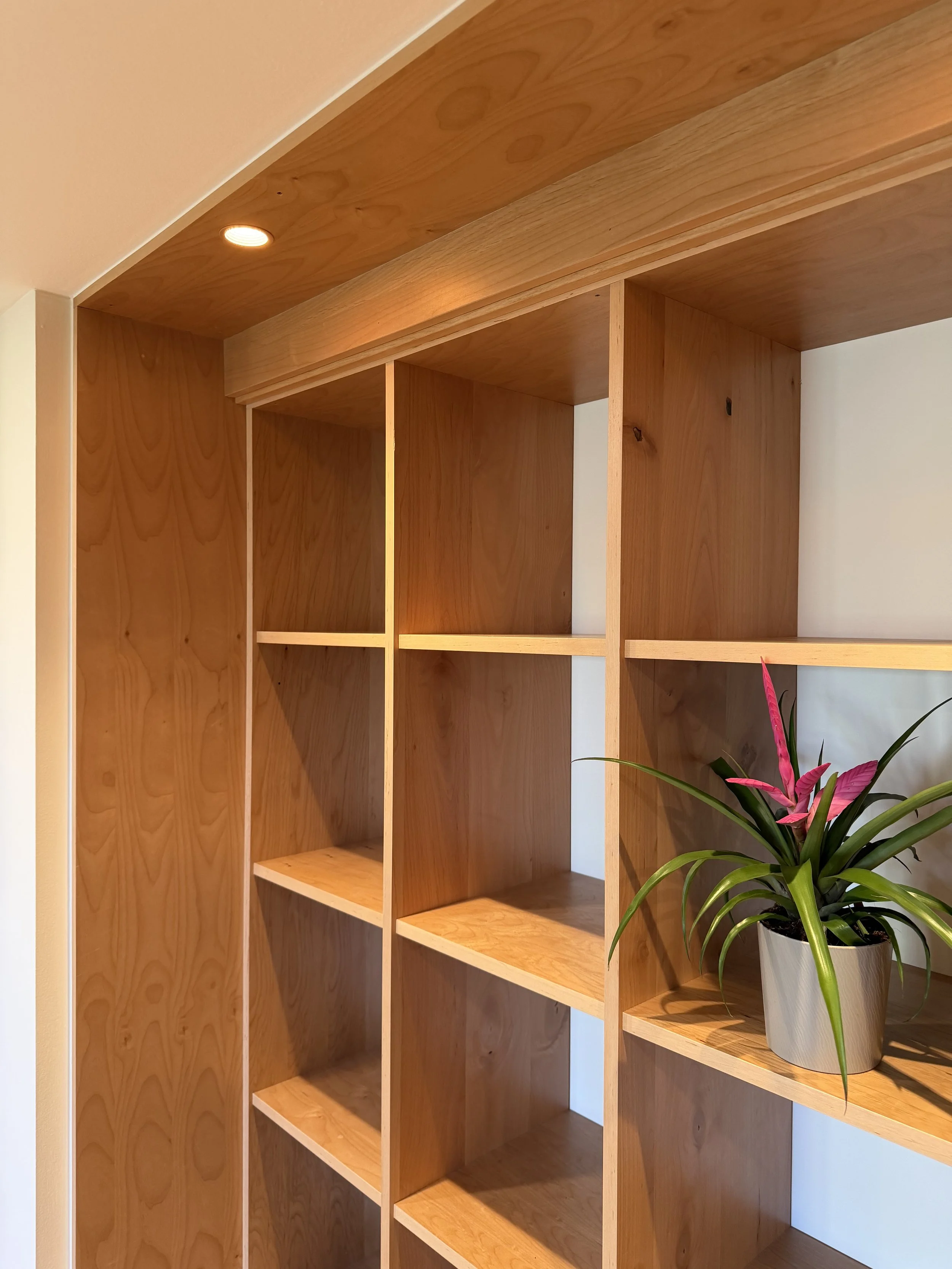 Architectural Details of 3/4" Alder Plywood Built-In Shelving Unit Constructed Using Lamello Divario Fasteners with Painted Backing Wall and 2" Recessed Lighting Fixtures Painted to Match 

Scandinavian Inspired Remodeling Project Completed in Northv