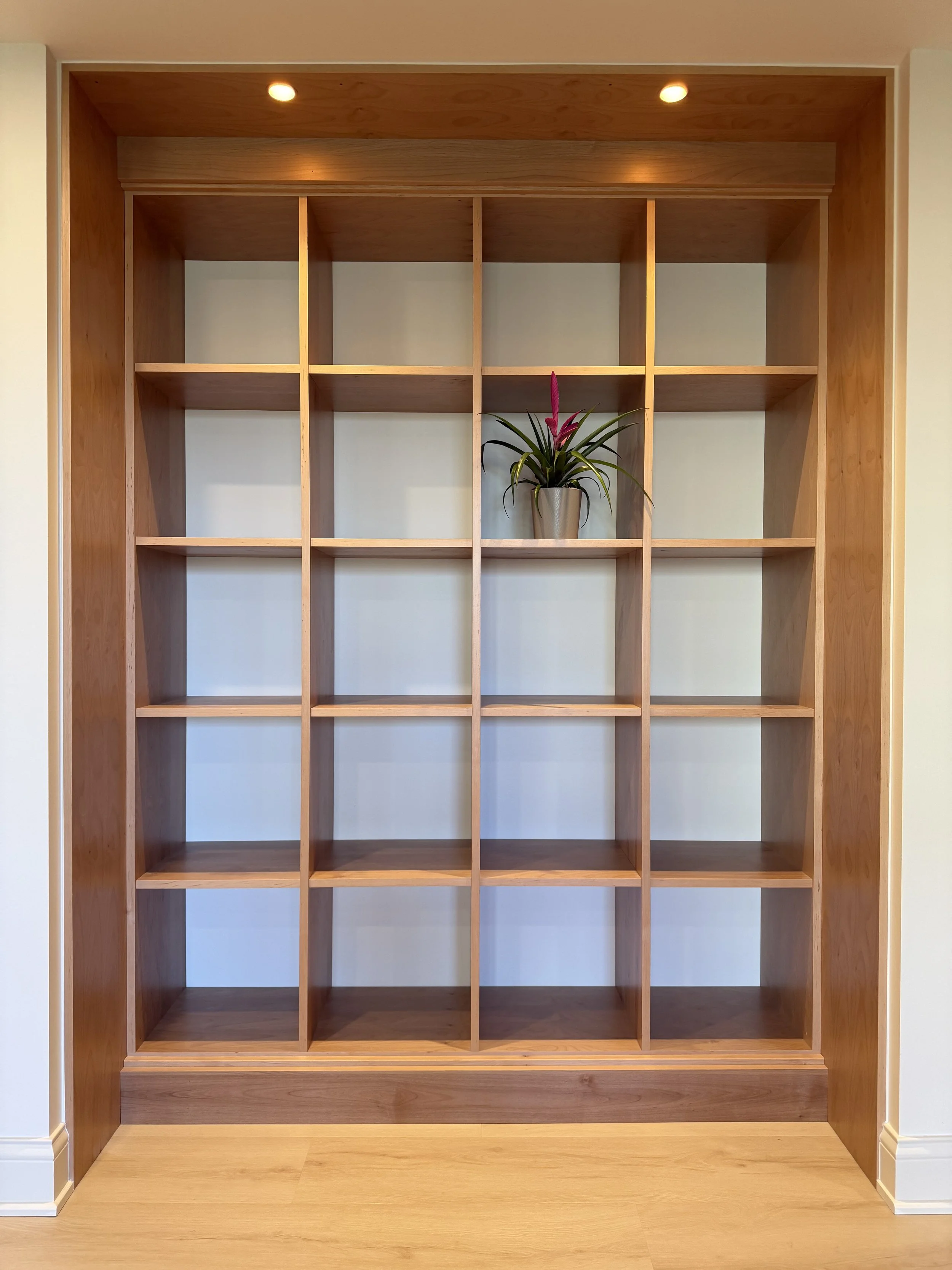 Completed 3/4" Alder Plywood Built-In Shelving Unit Constructed Using Lamello Divario Fasteners with Painted Backing Wall and 2" Recessed Lighting Fixtures Painted to Match 

Scandinavian Inspired Remodeling Project Completed in Northville MI. 