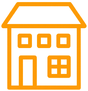 Simple illustration of a house with a gabled roof, door, and four windows.