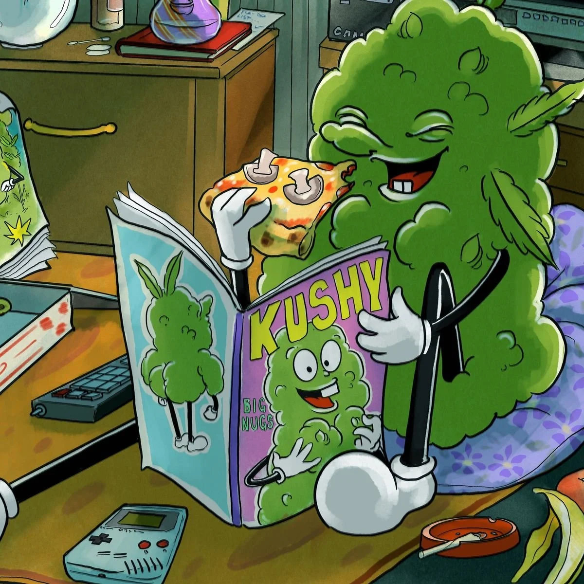 eine süße grafik die eine kush bud zeigt die eine cannabis zeitung ließt und dabei heiße pizza isst.