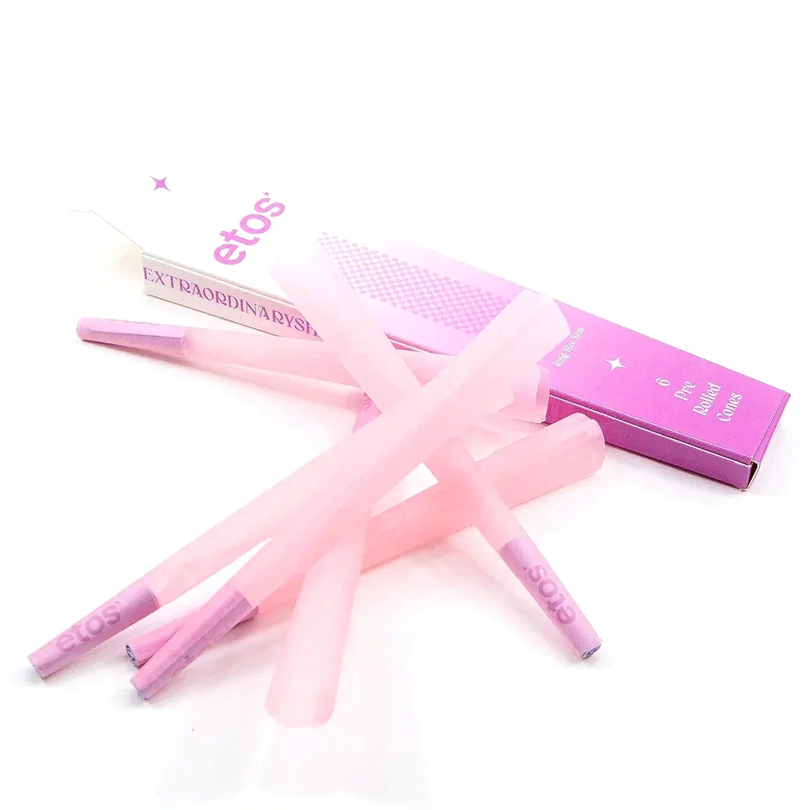 etos* Pre‑Rolled Cones Granny Smith 1¼ Format in pink, Seitenansicht, vorgedrehte Cones mit integriertem Karton‑Filtertip