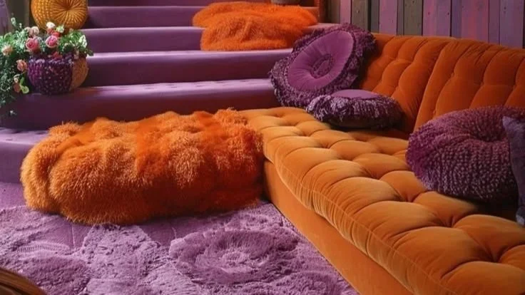 ein raum im 70iger jahre design mit viel plüsch und stoff, einer großen sitzlandschaft und flokati teppich als negativbeispiel für den perfekten ort zum cannabis rauchen wenn man den geruch nicht haben möchte.