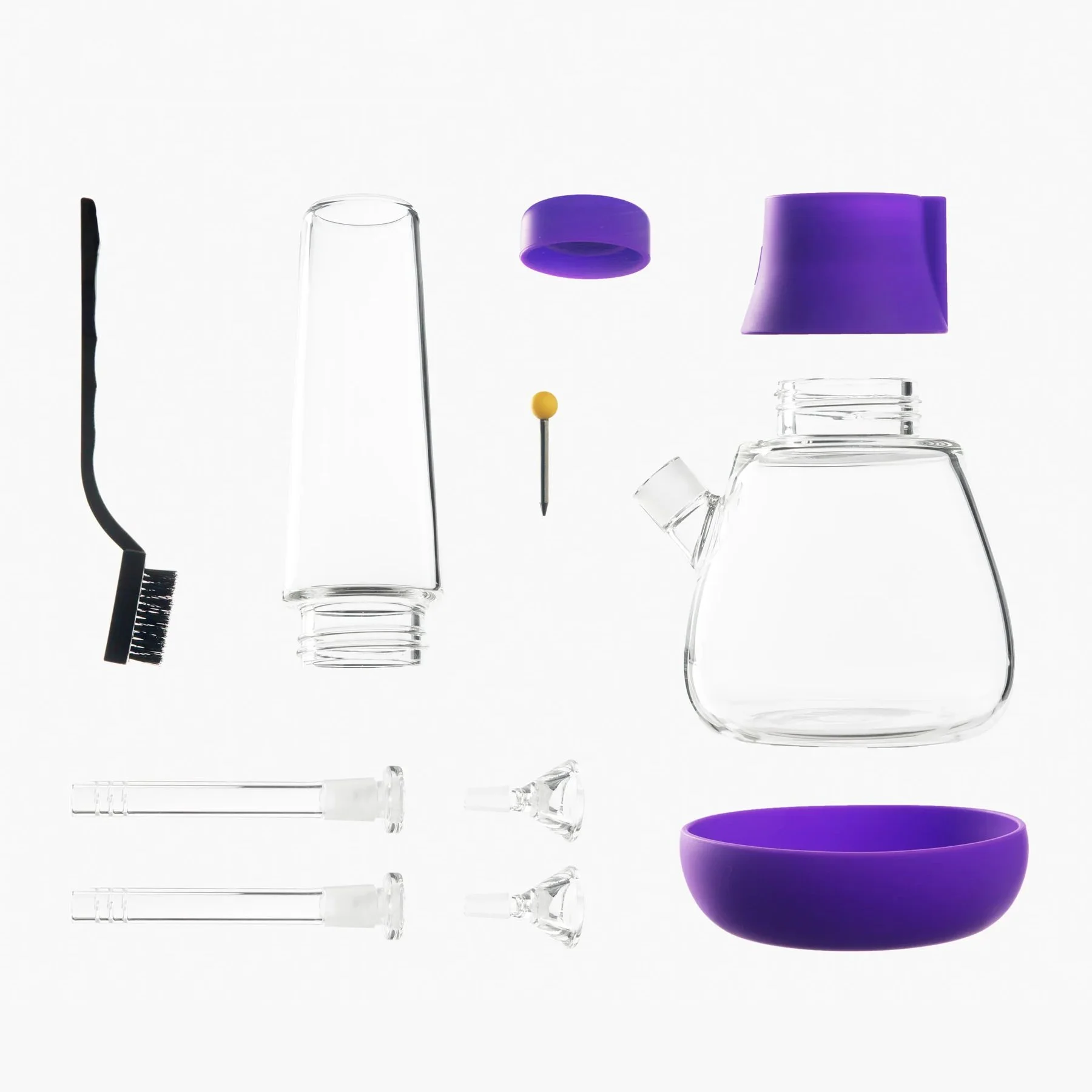 Draufsicht auf das gesamte Weeday Bong-Set in Grape mit allen Einzelteilen.