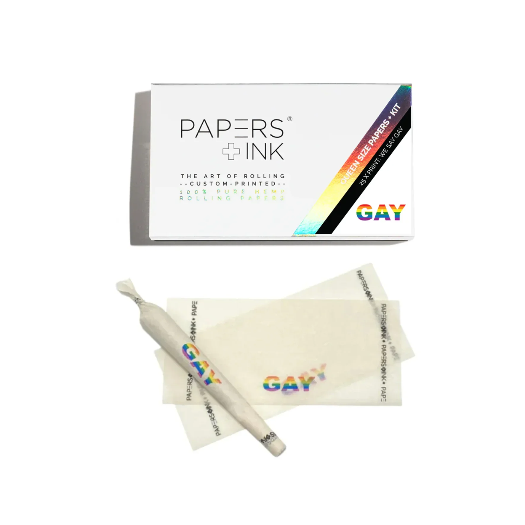 papers&ink Premium Rolling Papers we say gay – Designverpackung mit bedruckten Papers und fertig gerolltem Joint im Detail