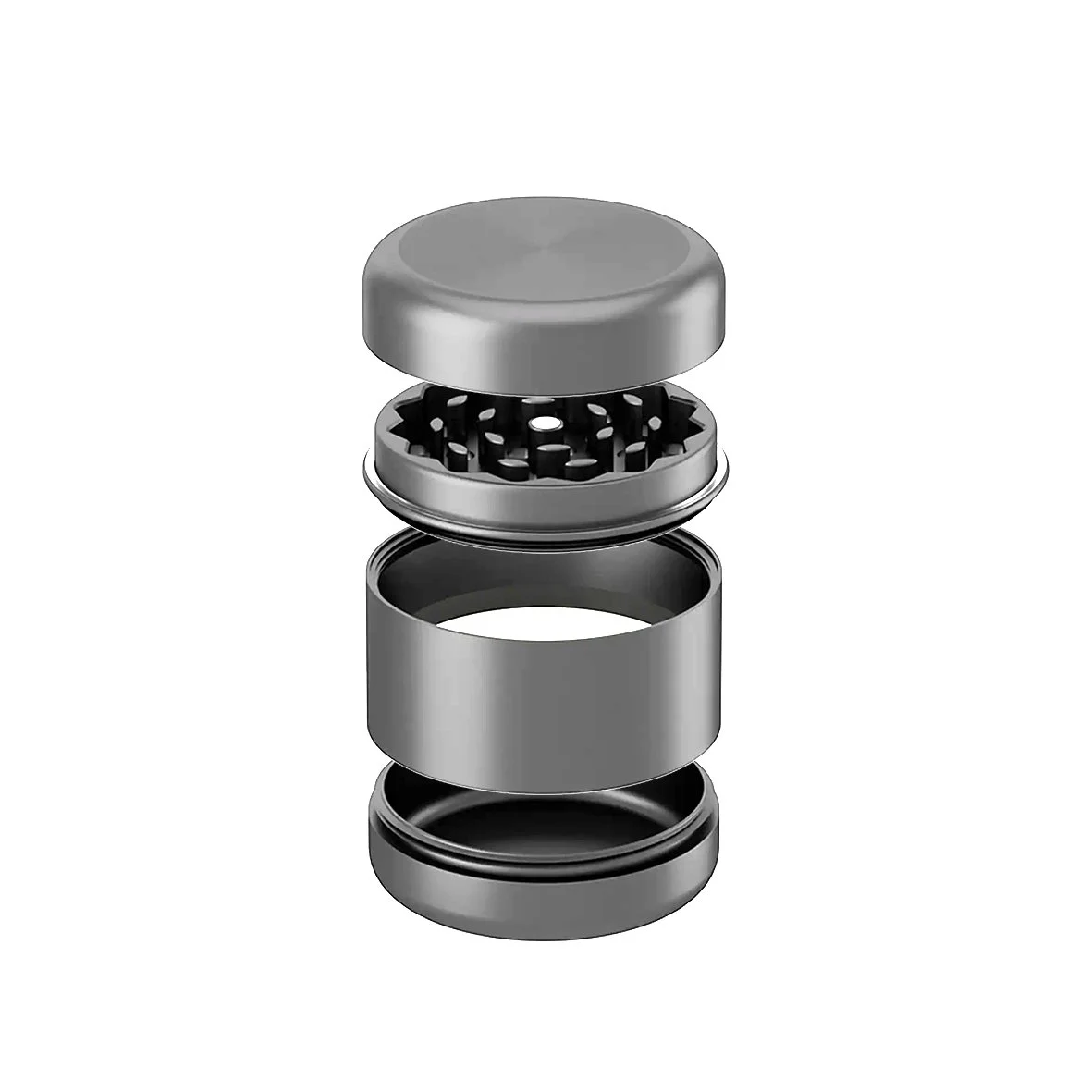 4 teiliger Premium Pole grinder in einer Explosionsansicht. Deckel, Schneiden, Pollensieb, kieffach bietet jeder Pole grinder.