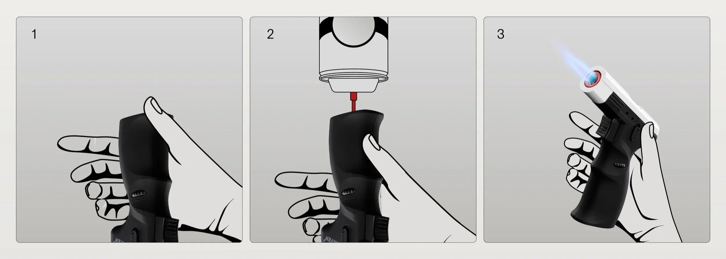 In drei schritten word grafisch dargestellt, wie man ein butan feurzeug wieder sicher nachfüllen kann.