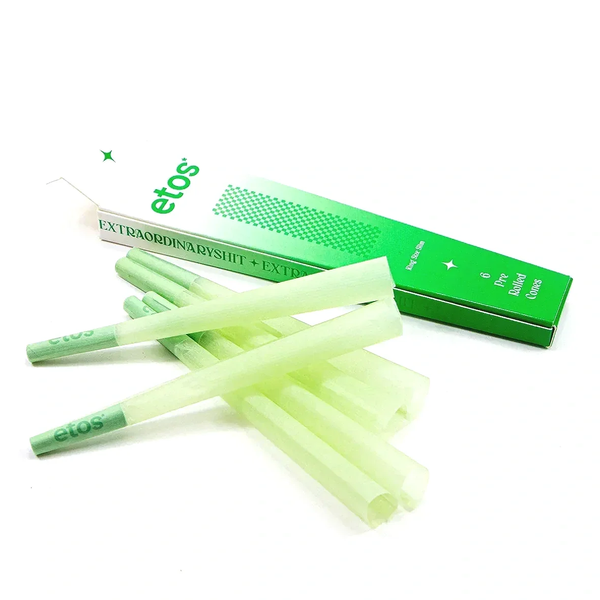 etos* Pre‑Rolled Cones Granny Smith 1¼ Format in Grün, Seitenansicht, vorgedrehte Cones mit integriertem Karton‑Filtertip