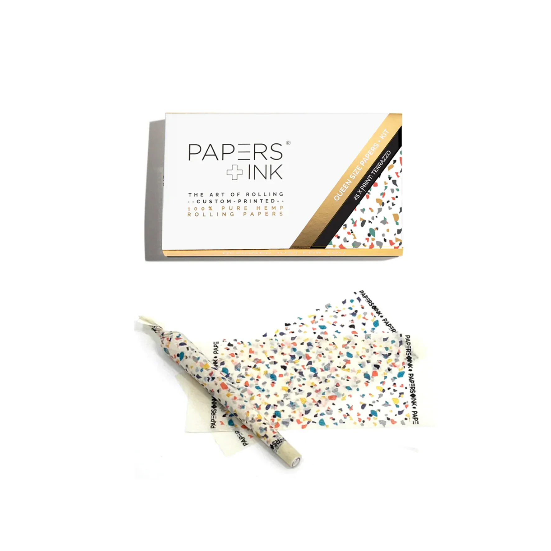 papers&ink Terrazzo Design – minimalistische Verpackung, grafische Rolling Papers und sauber gerollter Joint
