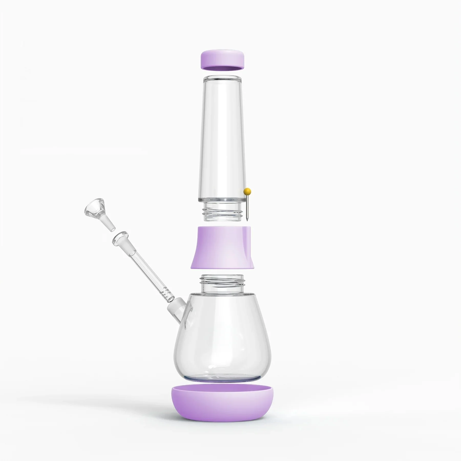 Explosionszeichnung der Weeday Bong in Lavender mit allen modularen Bauteilen.