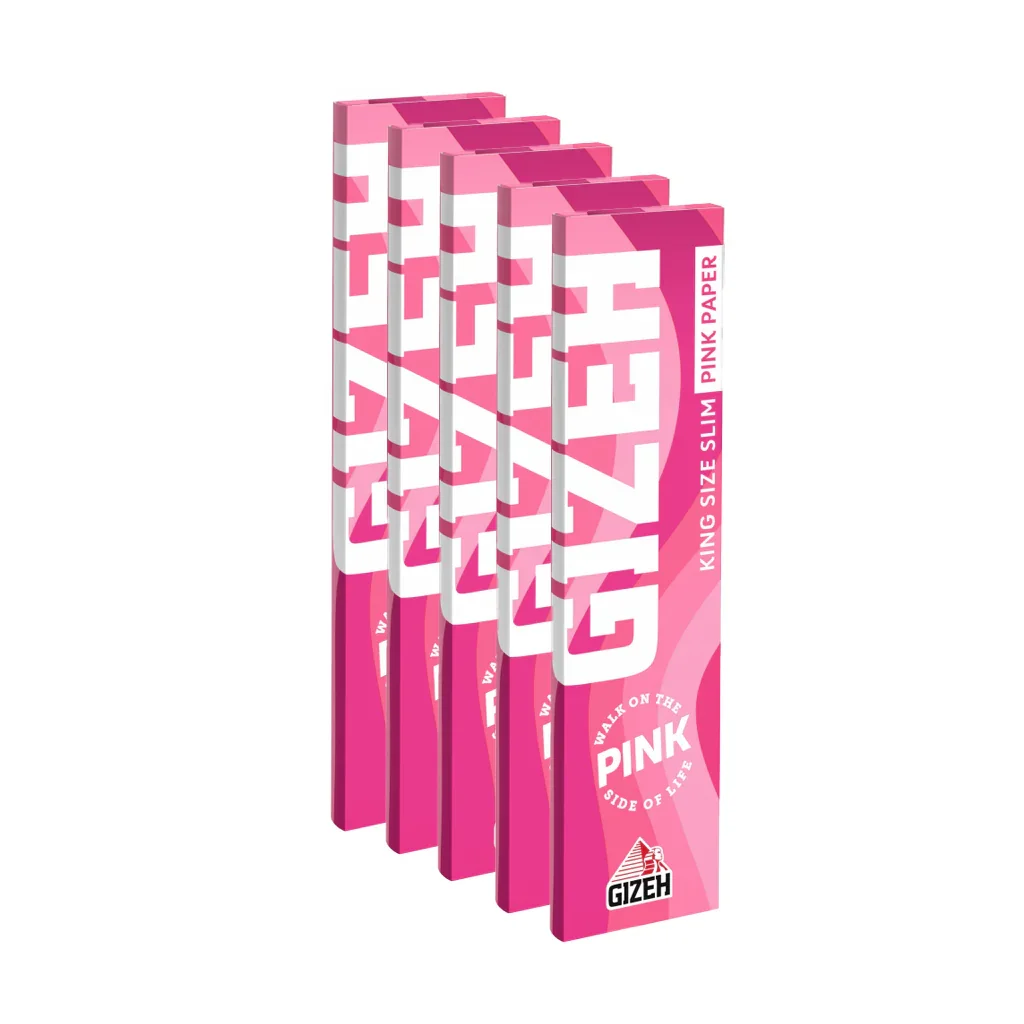 5 mal GIZEH Pink King Size – Einzelpackung, Frontansicht, ultrafeine, pinke Blättchen im 5er bundle