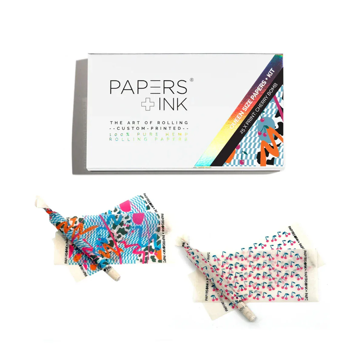 papers&ink Cherry Bomb Packaging mit auffälligen Cherry-Papers und gerolltem Joint im verspielten Look
