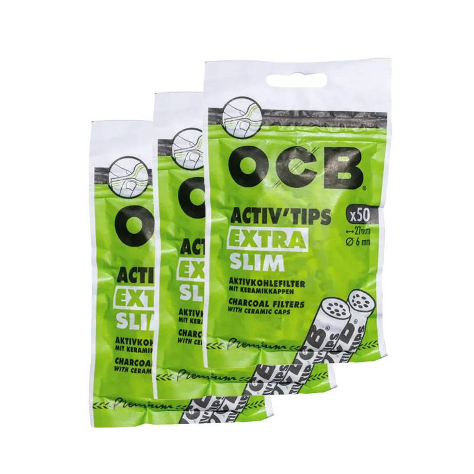 OCB Aktiv Tips Extra Slim – 3er-Pack, Frontansicht, Premium Extra Slim Filter-Tips
