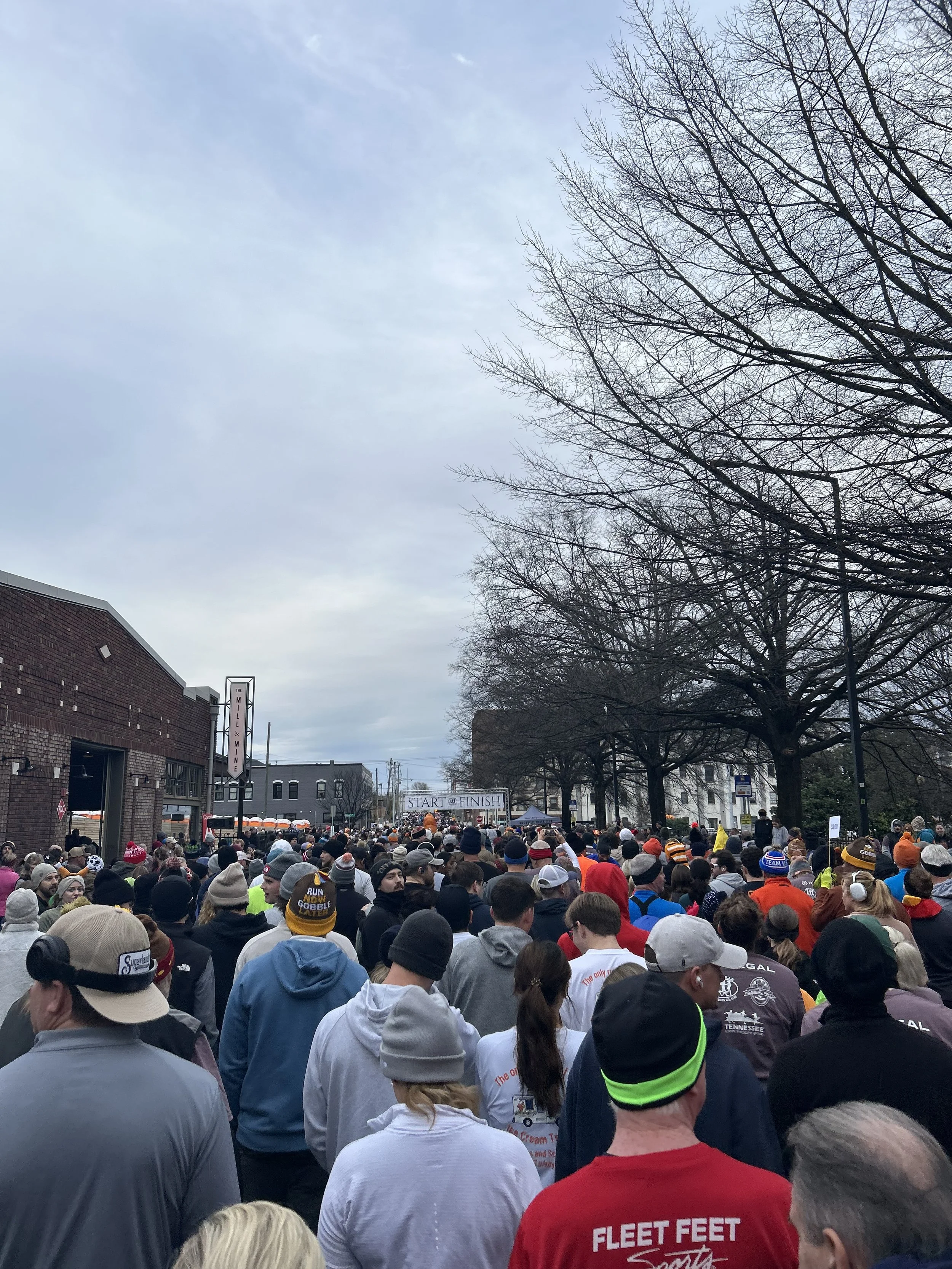 Crowd of runners gathering at the start line of a race in an urban street, with a banner reading 'START FINISH' in the background, and leafless trees on either side of the street.