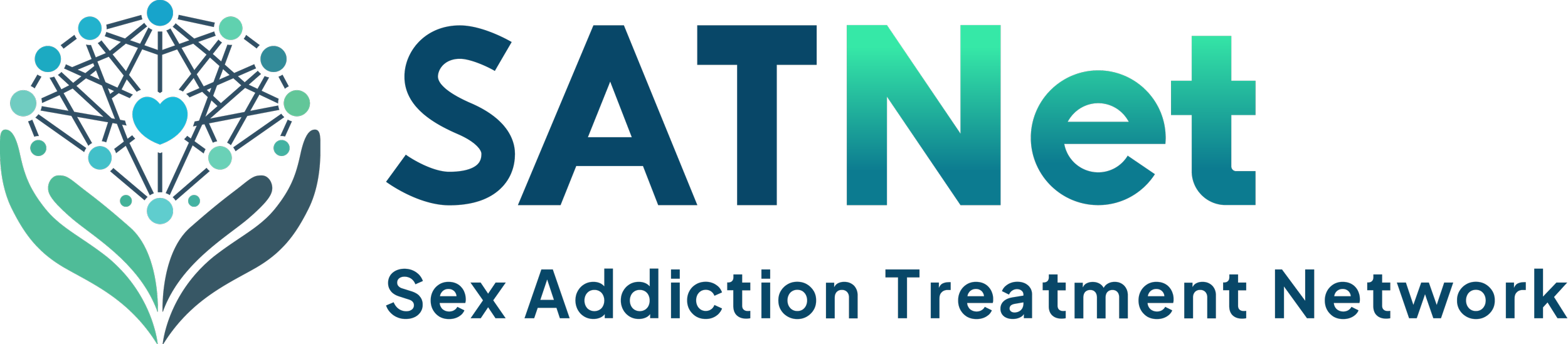 Logo for the Sex Addiction Treatment Network (SATNet) featuring a stylized heart with interconnected dots and hands