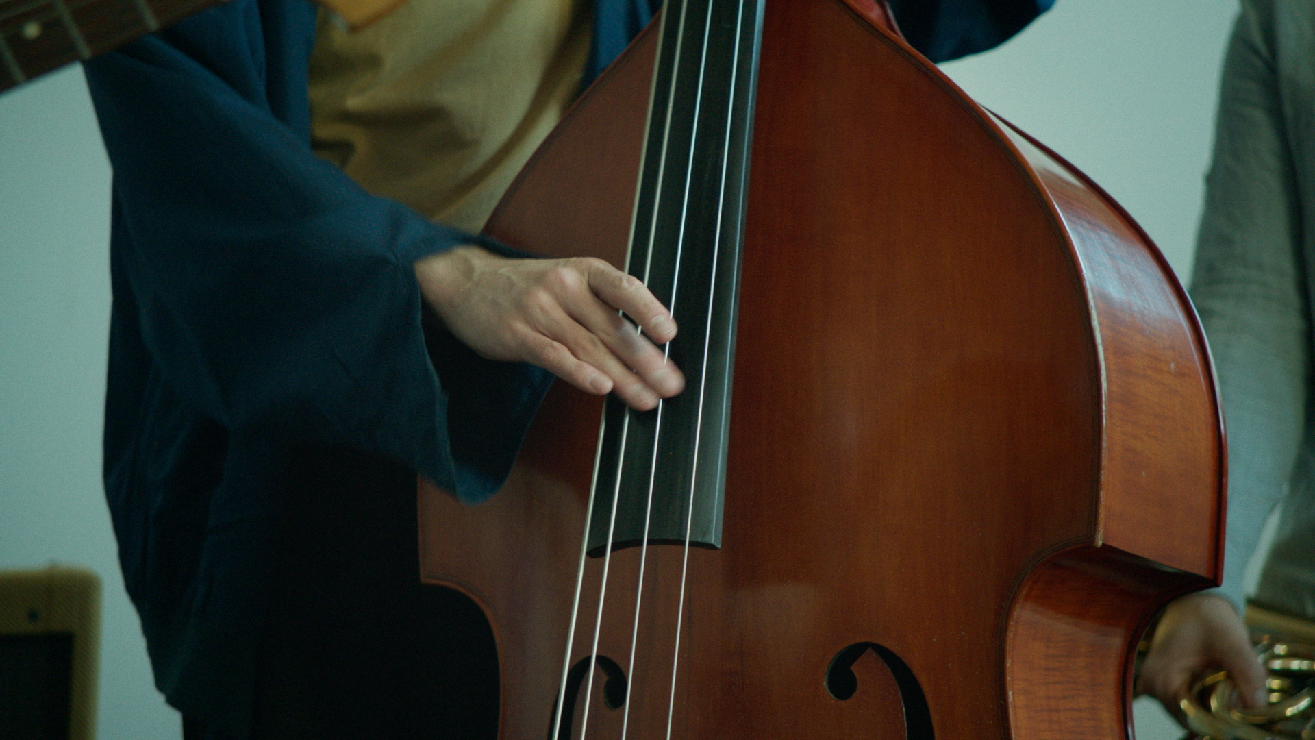 Nahaufnahme einer Person, die ein Kontrabass spielt, mit Fokus auf die Hand, die auf den Saiten liegt, und das Holz des Instruments.