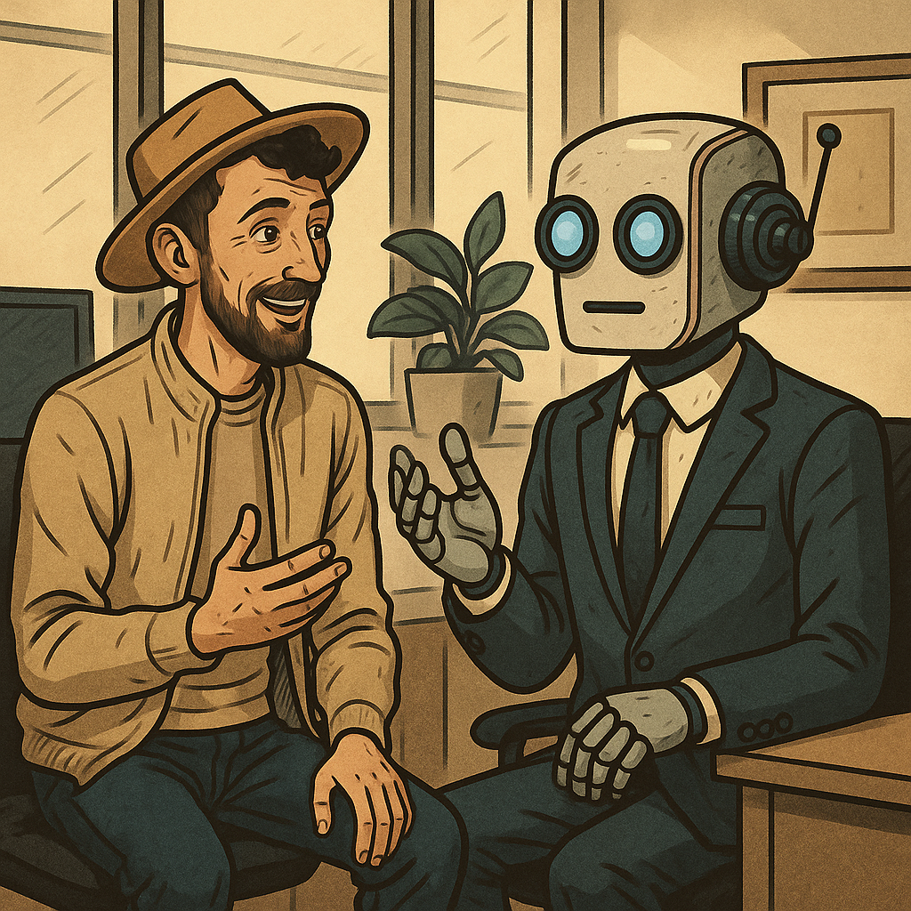 AI character of Niels Bergmans coaching Harry the Humanoid partner manager.