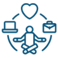 A graphic illustration of a person meditating with a heart above, surrounded by icons of a laptop, briefcase, and a mobile device.