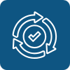 A circular arrow surrounding a checkmark inside a circle on a blue background, symbolizing refresh or update.