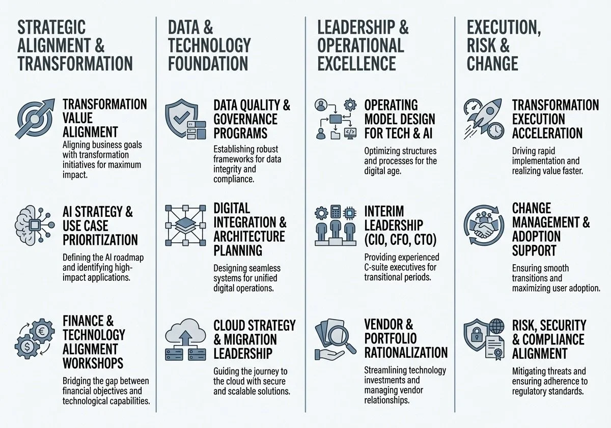 A digital infographic outlining four key business focus areas: Strategic Alignment & Transformation, Data & Technology Foundation, Leadership & Operational Excellence, and Execution, Risk & Change, with icons and bullet points describing related strategies.
