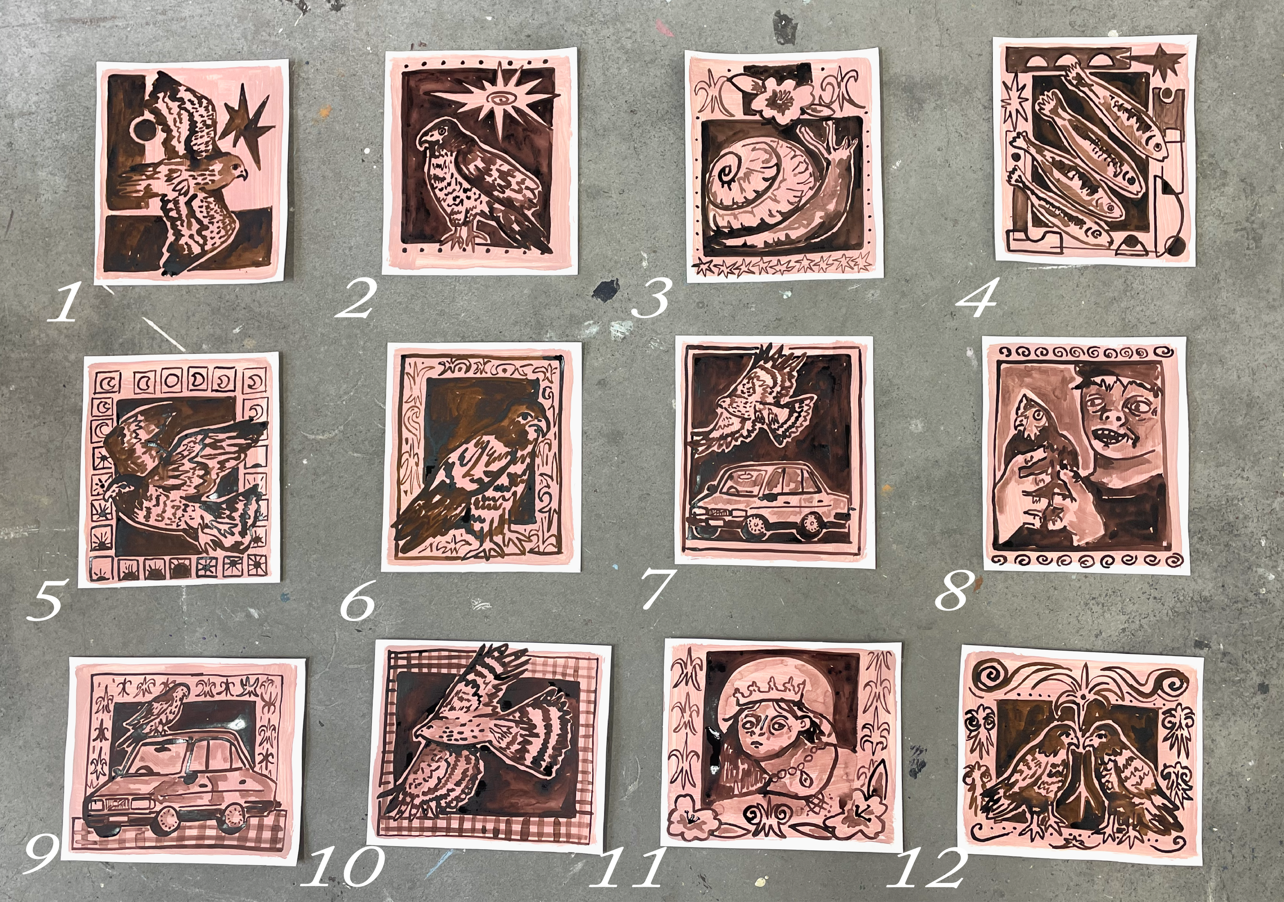 original ink paintings on pink ground