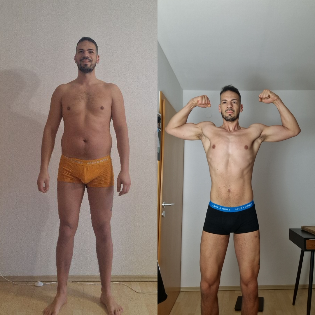 Vorher-Bild eines Mannes, der unbedeckt steht, und Nachher-Bild desselben Mannes, der muskulös und fit ist, beide in Unterwäsche, im Wohnzimmer