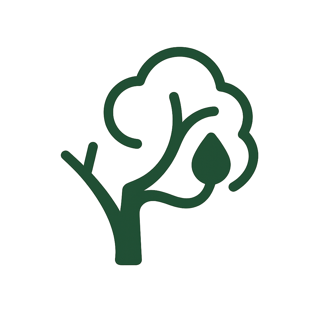 Symbol eines Baumes mit Wassertröpfchen, geregelt in grünen und braunen Tönen.