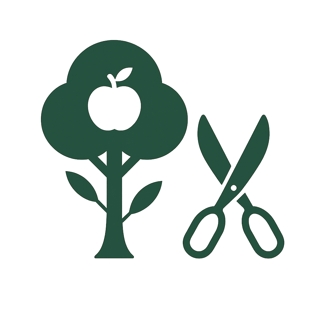 Symbol einer Apfelbaum mit einer Apfelschere, Symbole für das Ernten und Schneiden von Früchten.