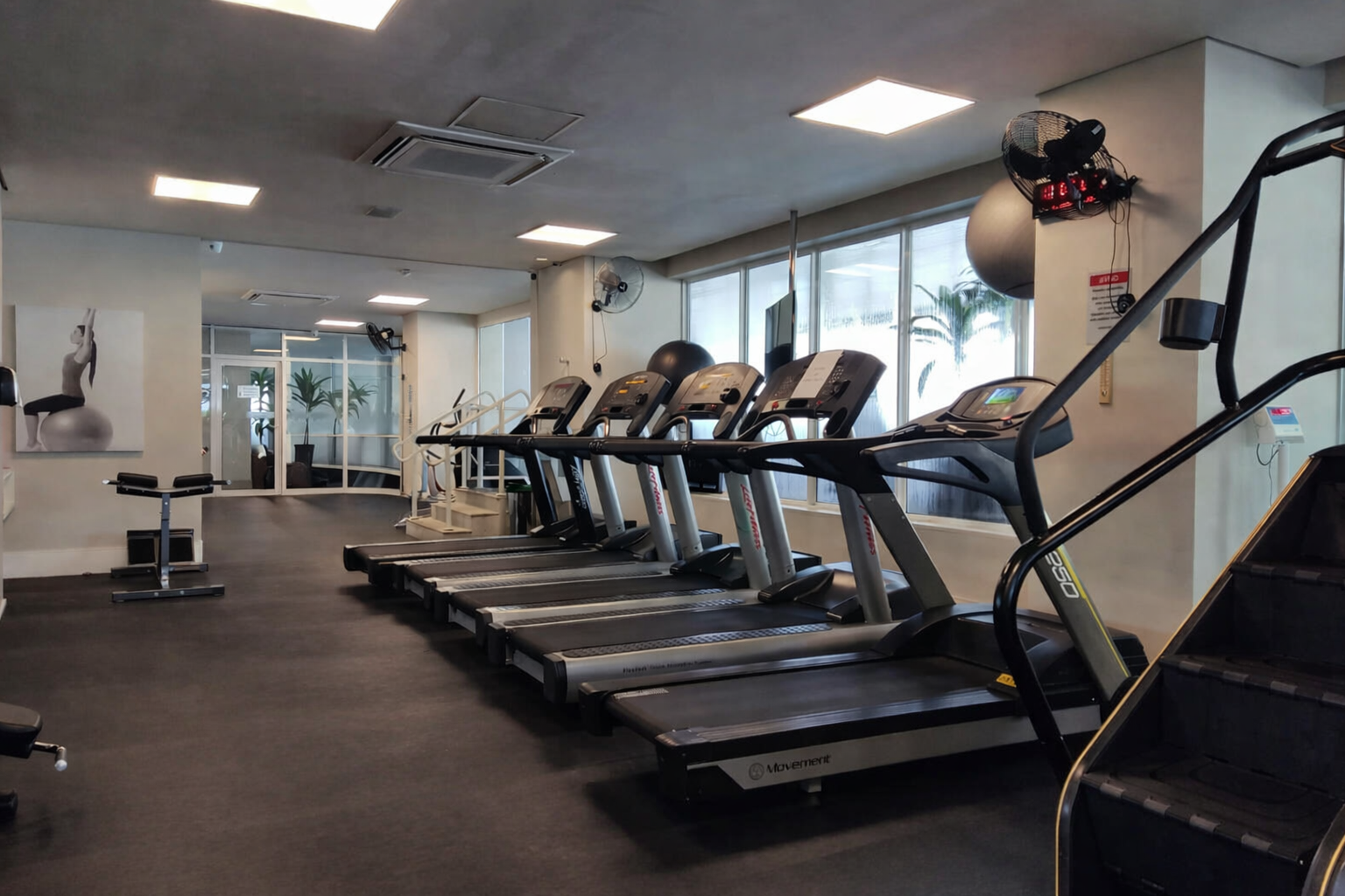 Sala de ginástica com esteiras, aparelhos de caminhada, espelhos na parede, iluminação de teto e uma parede de janelas com plantas ao fundo.