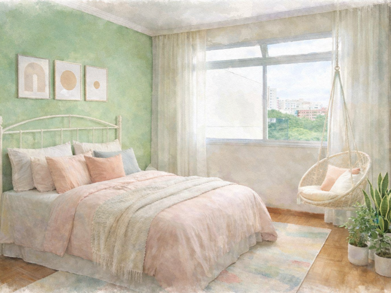 Quarto decorado com paredes verdes, uma cama com roupas de cama claras e almofadas em tons pastel, uma janela grande com cortinas transparentes e uma rede de balanço branca ao lado, além de plantas na parede