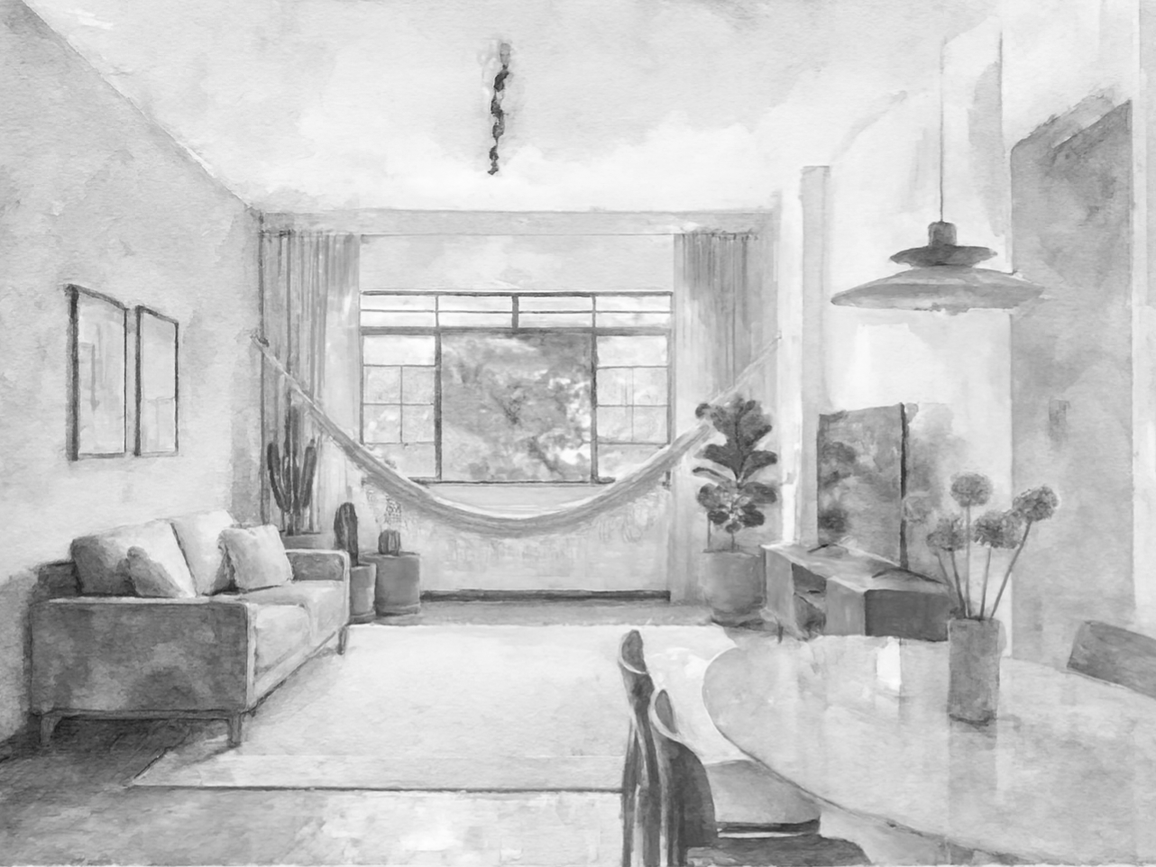 Sala de estar com sofá, mesa de centro, televisão, plantas, janela grande e cortinas, iluminação pendente, decorada de forma moderna e luminosa.